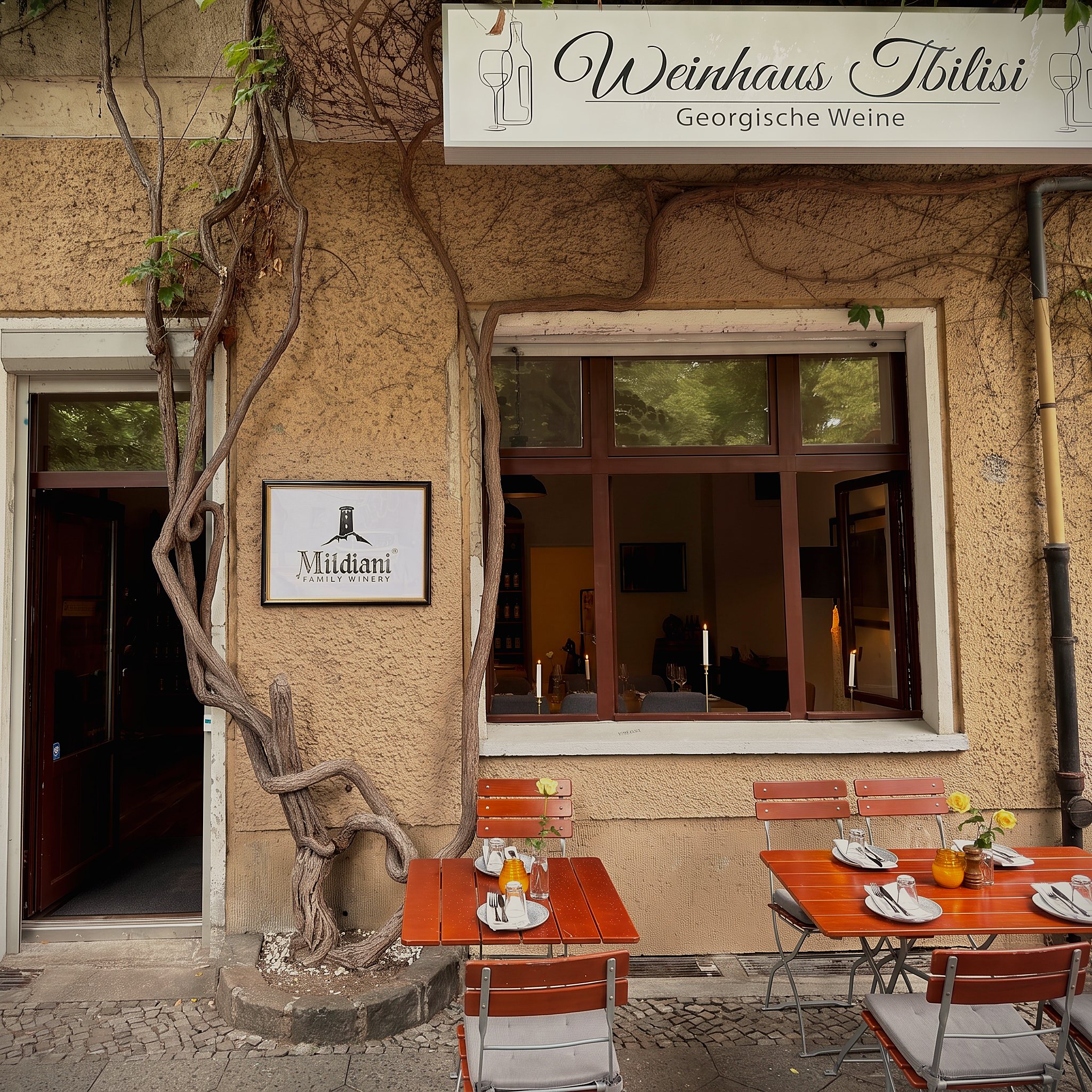 Das Weinhaus Tbilisi von der Schönfließer Straße aus, mit Tischen auf der Terrasse