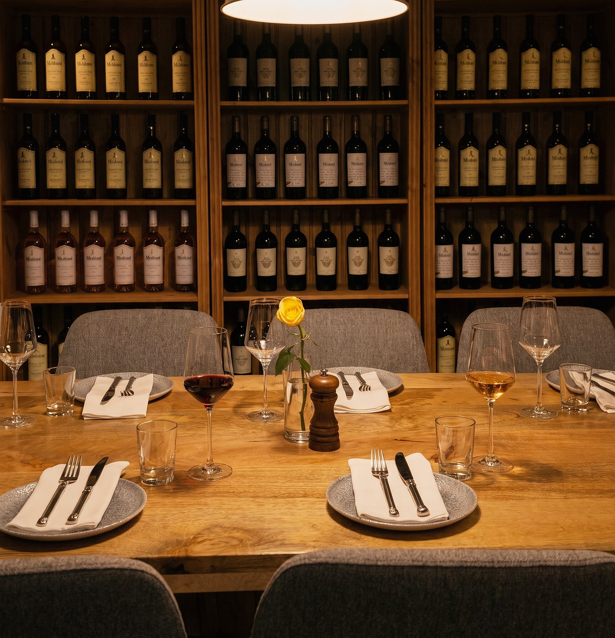 Der lange Tisch eingedeckt, Gläser mit Rot- und Orangewein, dahinter die Weinregale